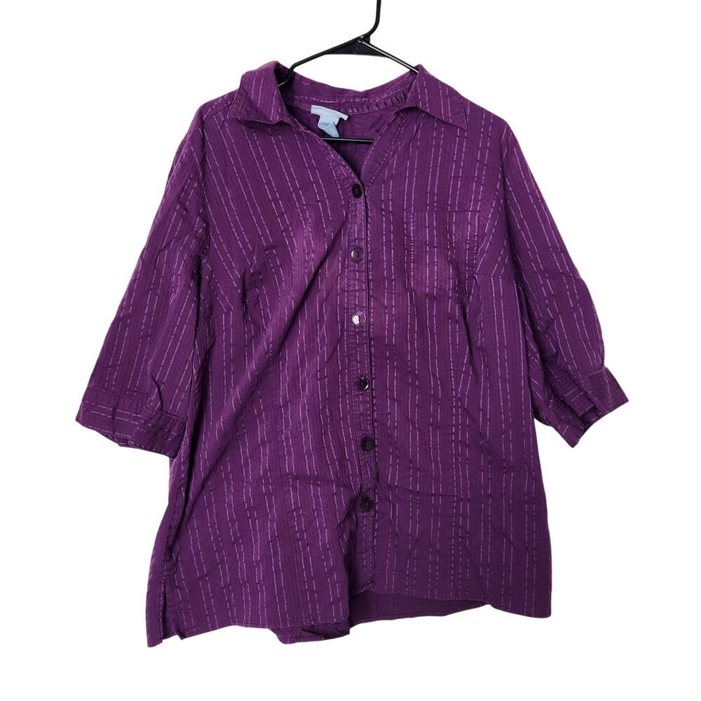 Liz & Me Purple Striped Textured 3/4 Sleeve Casual Button Up Shirt Sze 1X 18/20W
